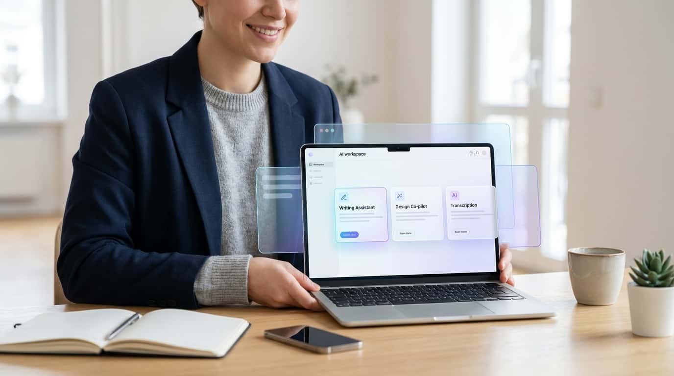 Laptop screen displaying an AI workspace dashboard with writing and transcription tools