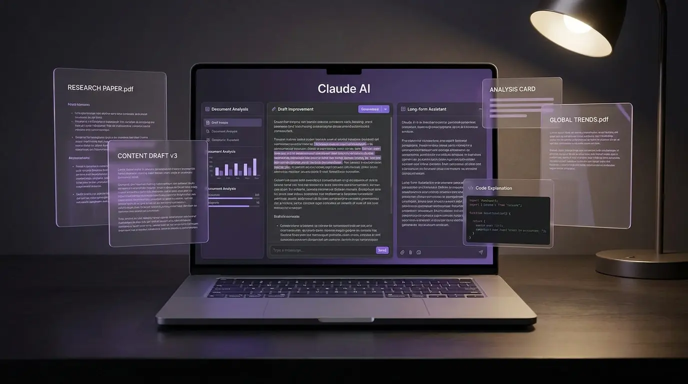 Anthropic Claude AI writing assistant interface showing document analysis and long form content creation