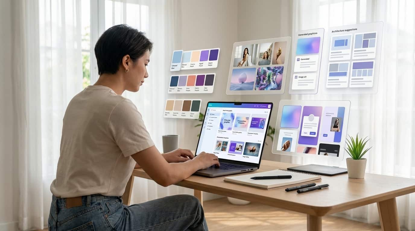 Graphic designer using AI design tools, templates, and color palettes on a laptop and tablet