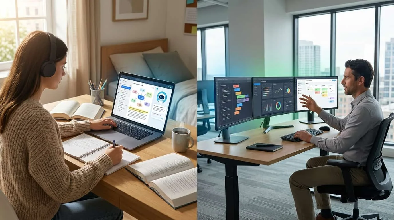 Student using AI learning tools compared with professional using advanced AI workflow