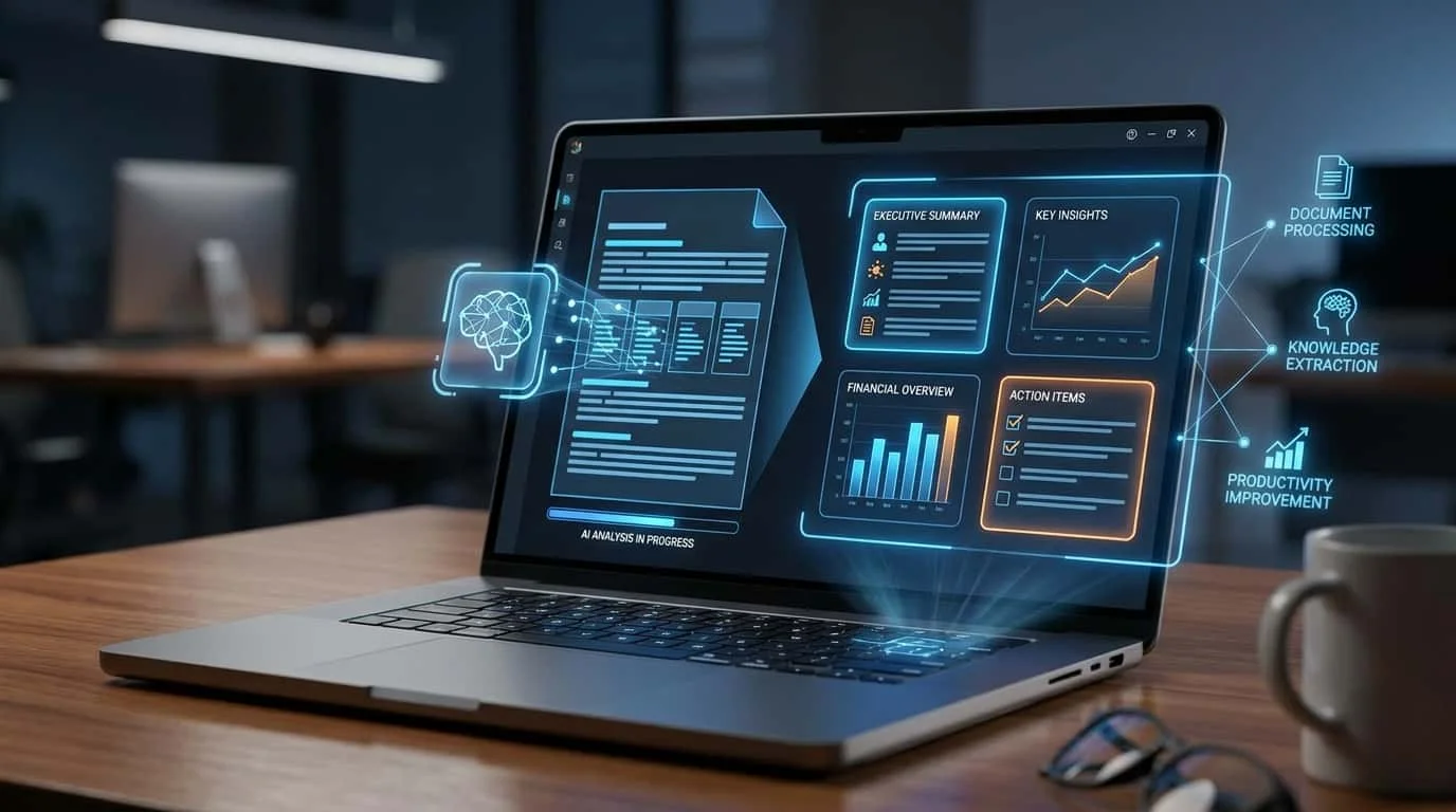 AI document analysis workflow showing large files transformed into summaries and insights