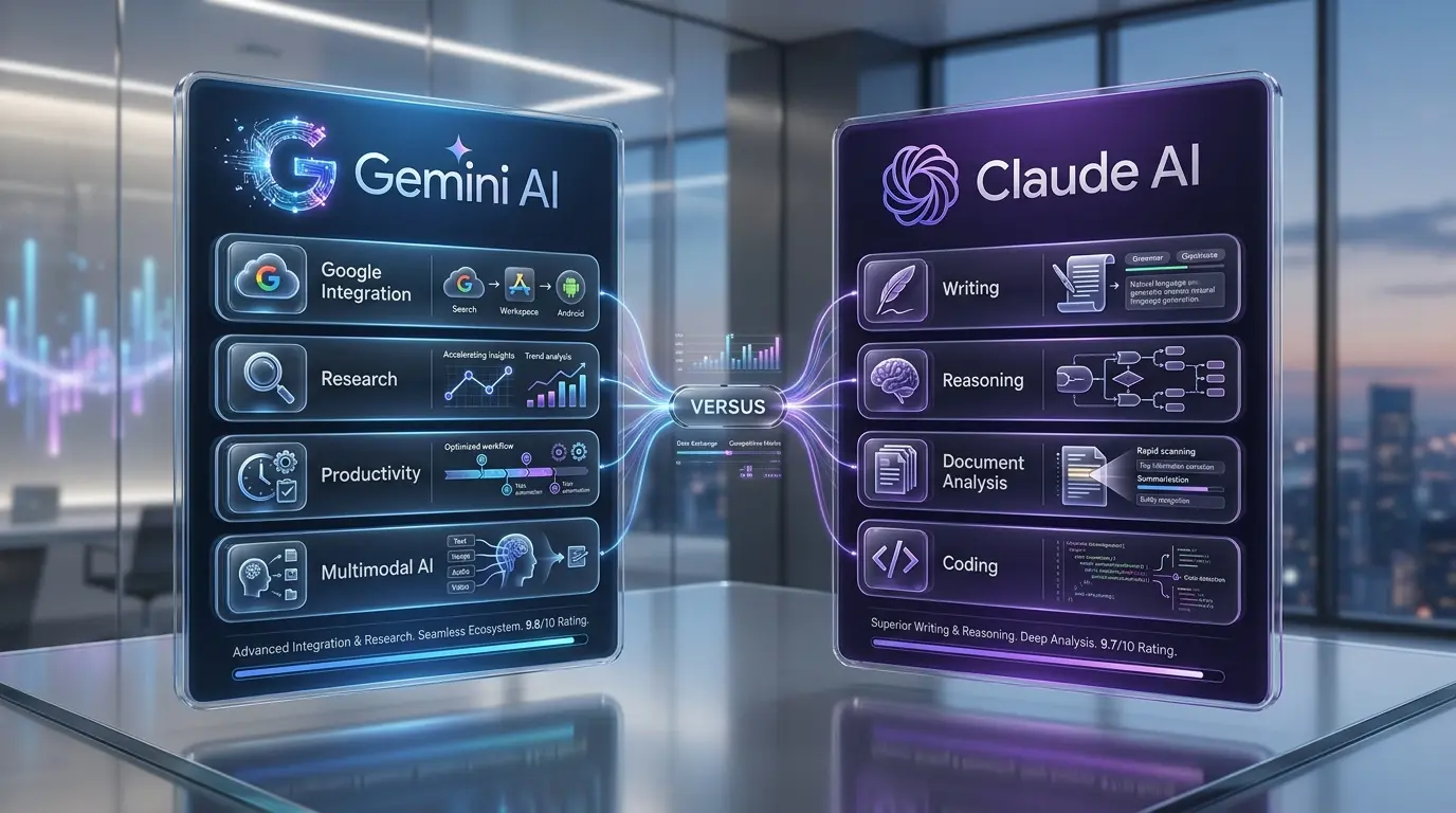 Gemini vs Claude features comparison infographic for writing coding documents and productivity