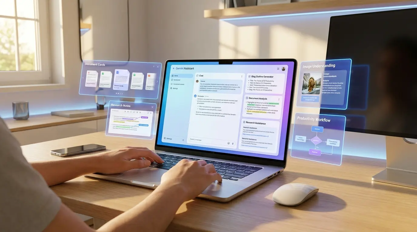 Google Gemini AI assistant interface showing research document analysis and Google Workspace integration