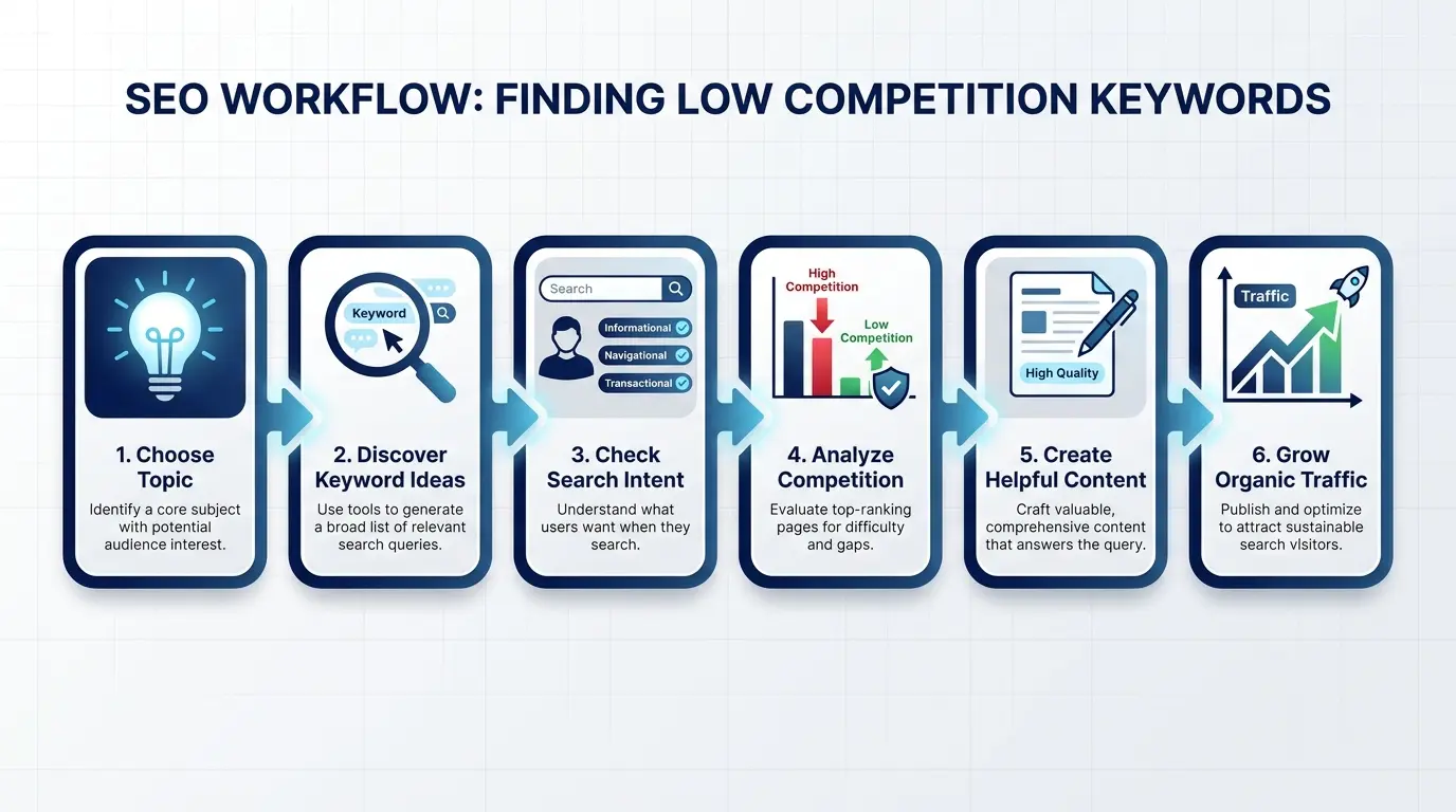 Step by step process to find low competition keywords for SEO