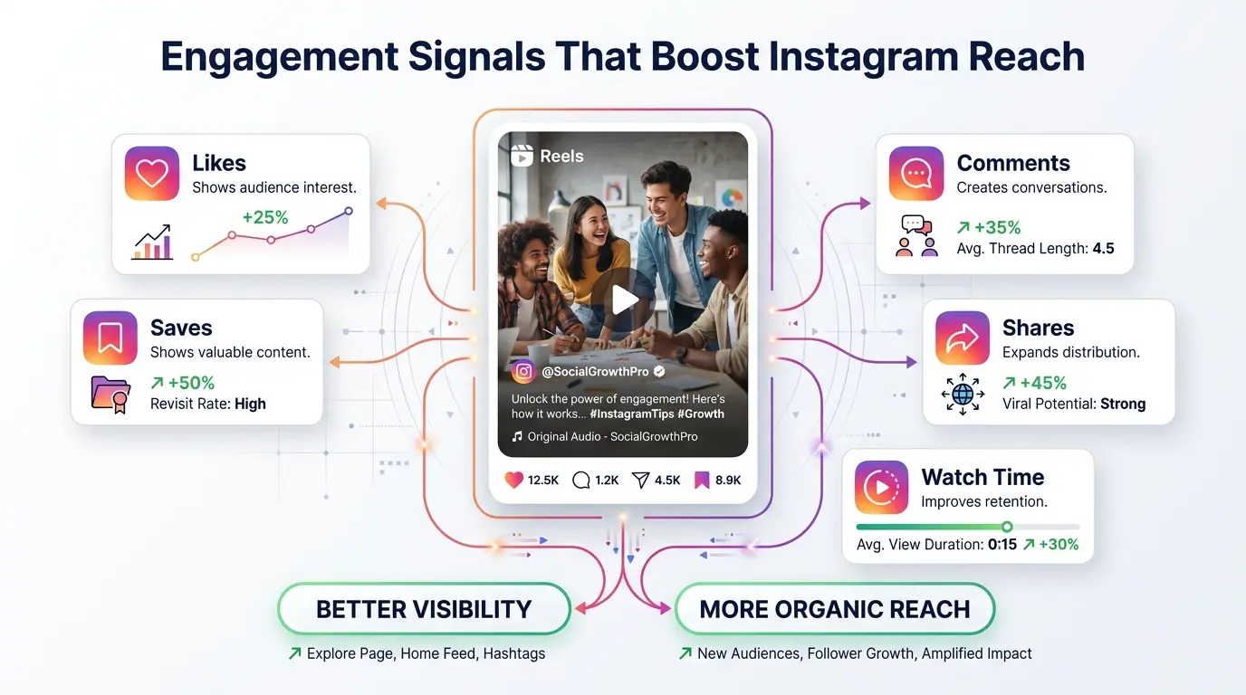 Instagram engagement signals including likes comments saves shares and watch time that improve reach