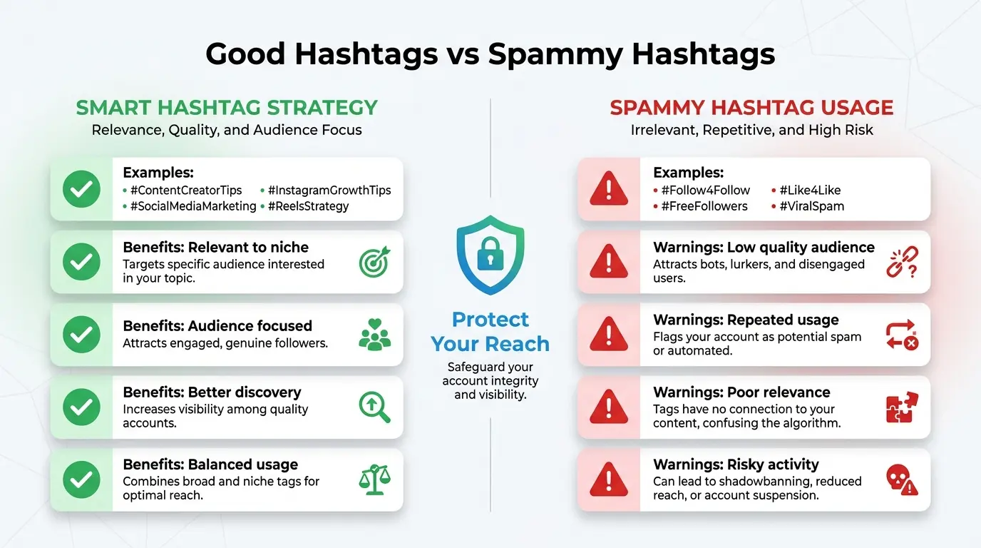 Instagram hashtag strategy showing safe hashtags and spammy hashtags that may reduce content visibility