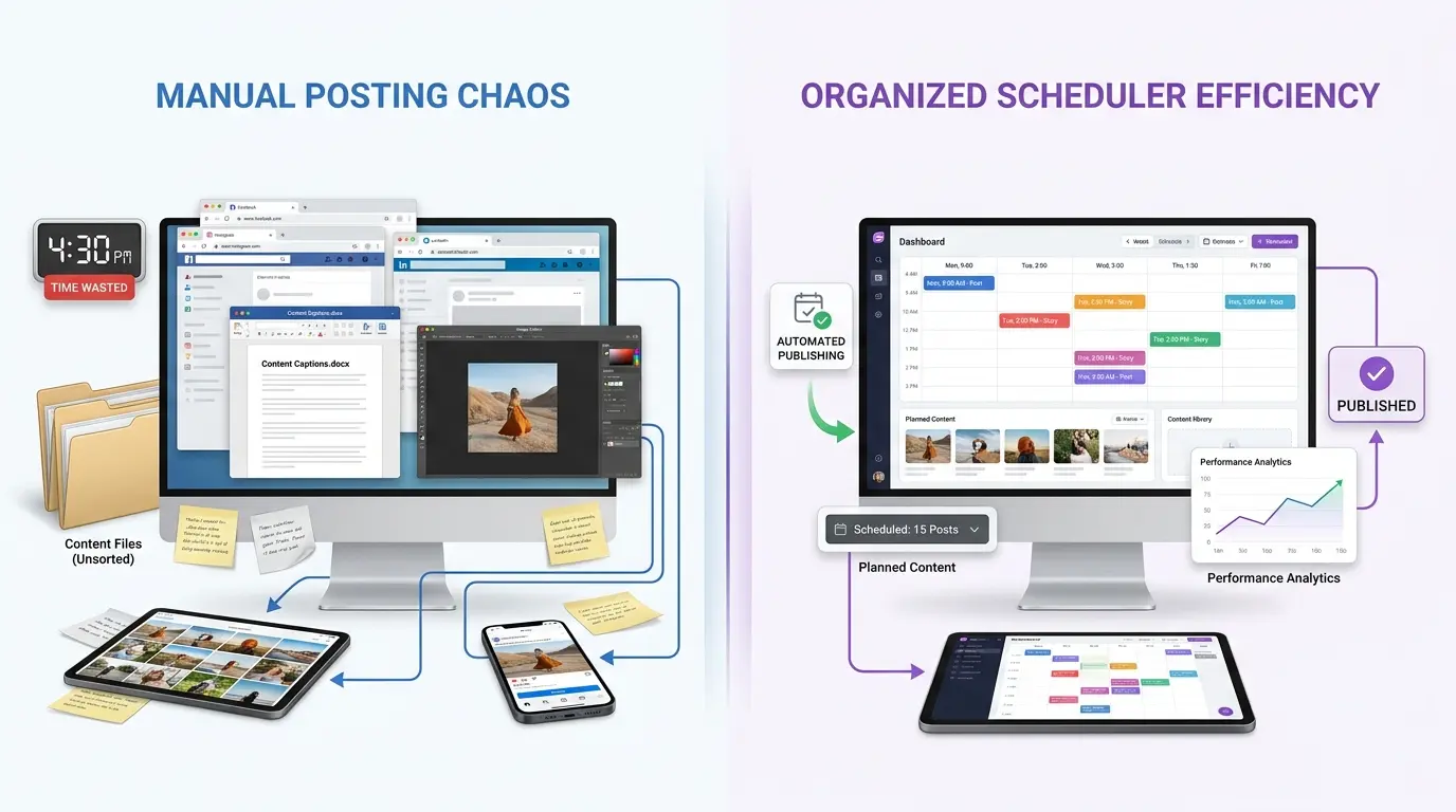 Comparison of manual posting and social media scheduler workflow for saving time