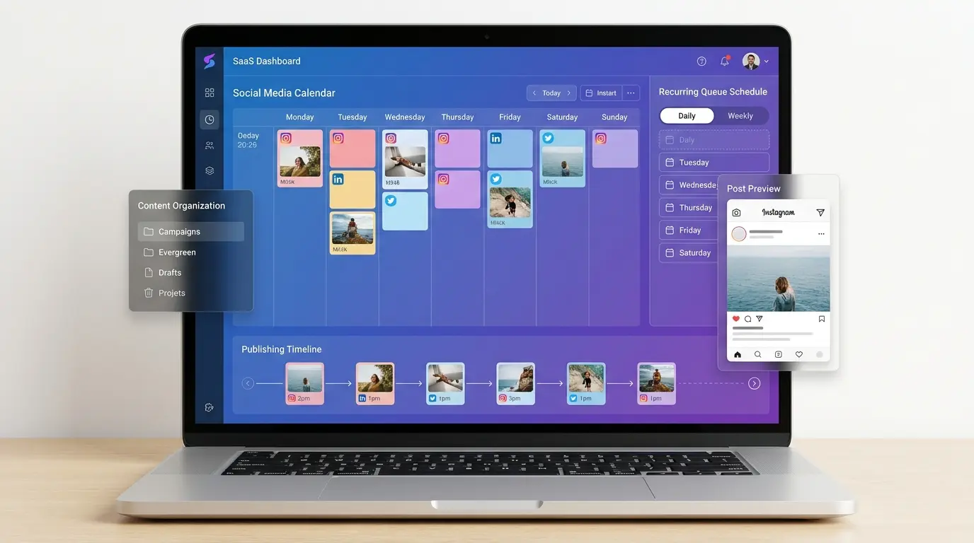 Social media scheduler calendar showing scheduled posts and queue times