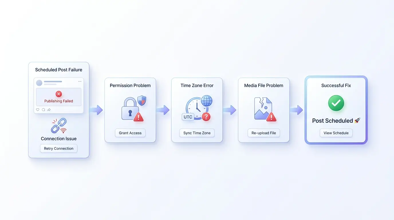 Social media scheduler troubleshooting guide for connection permission timezone and file errors
