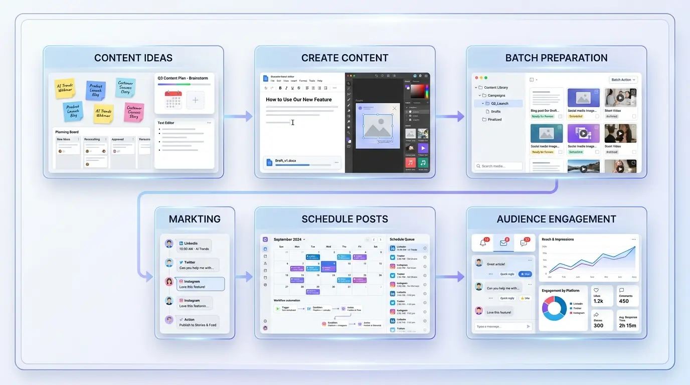Social media scheduling workflow showing plan create batch schedule and engage process