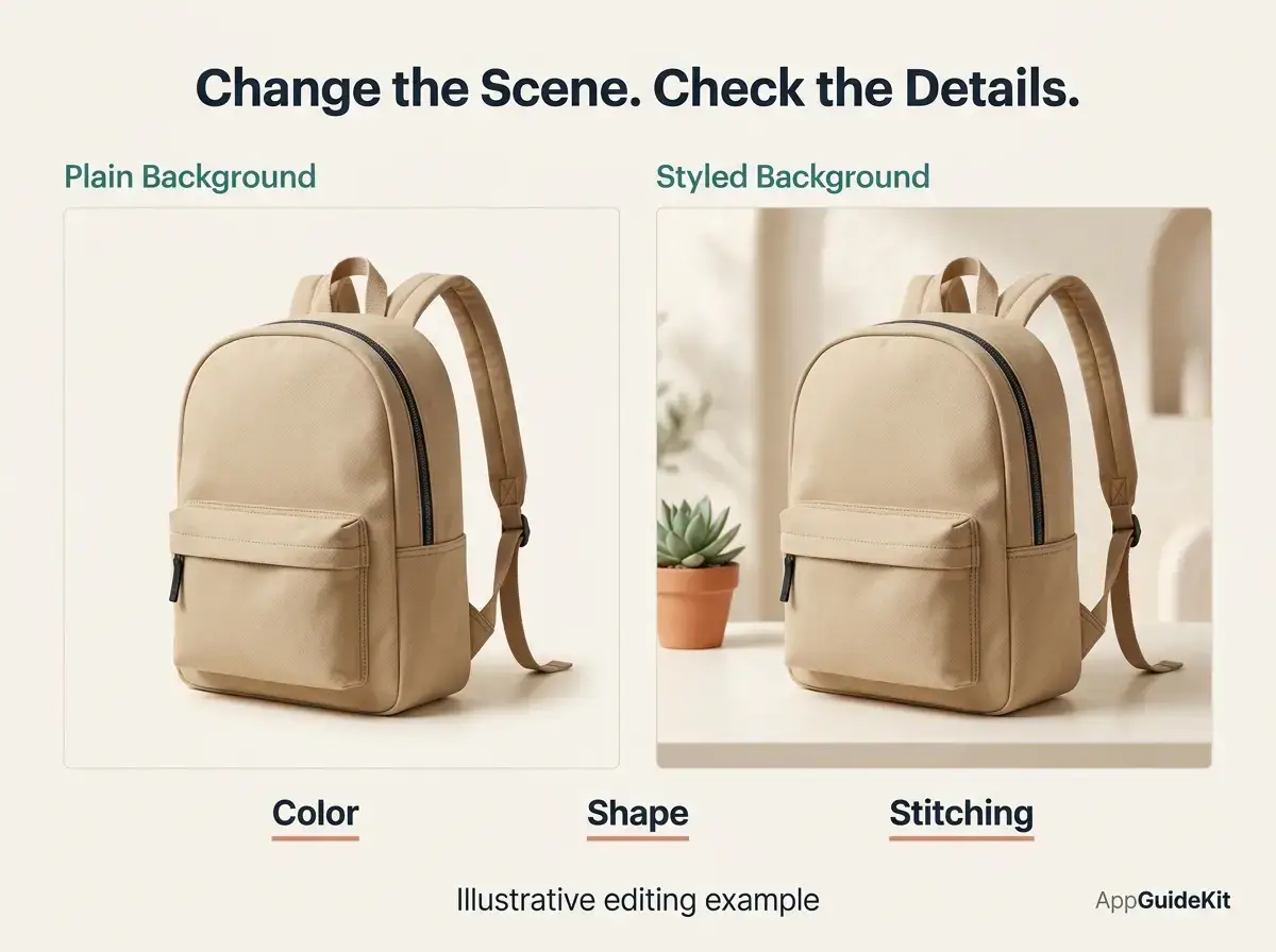 Illustrative background edit showing the same backpack on plain and styled backgrounds.