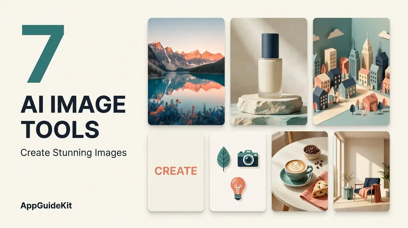 AI image generation tools illustrated through seven examples of photos, posters, icons, and artwork.