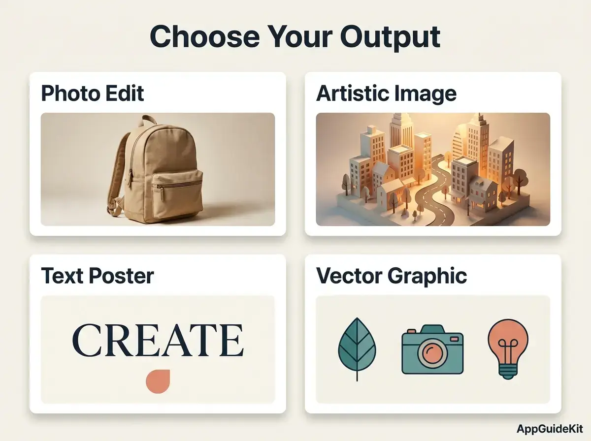 Four image output types: photo editing, artistic images, text posters, and vector graphics.