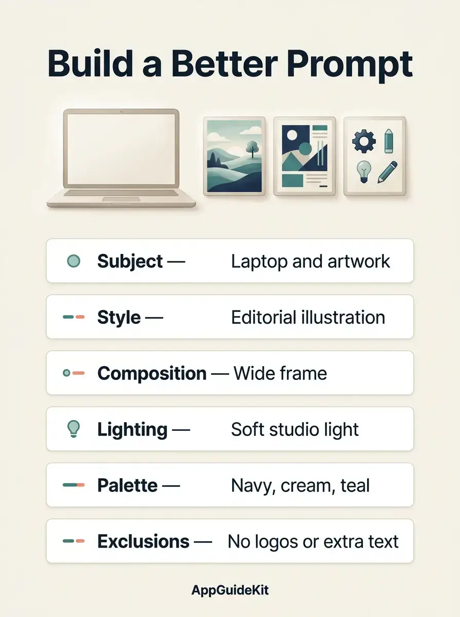 Six image prompt components: subject, style, composition, lighting, palette, and exclusions.