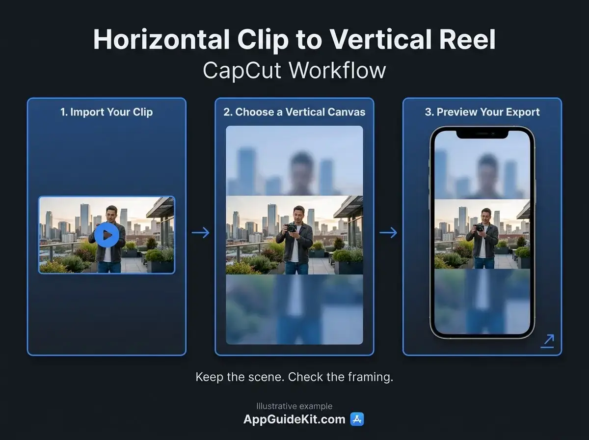 Illustrated CapCut workflow fitting a horizontal clip inside a vertical Reel with a blurred background.