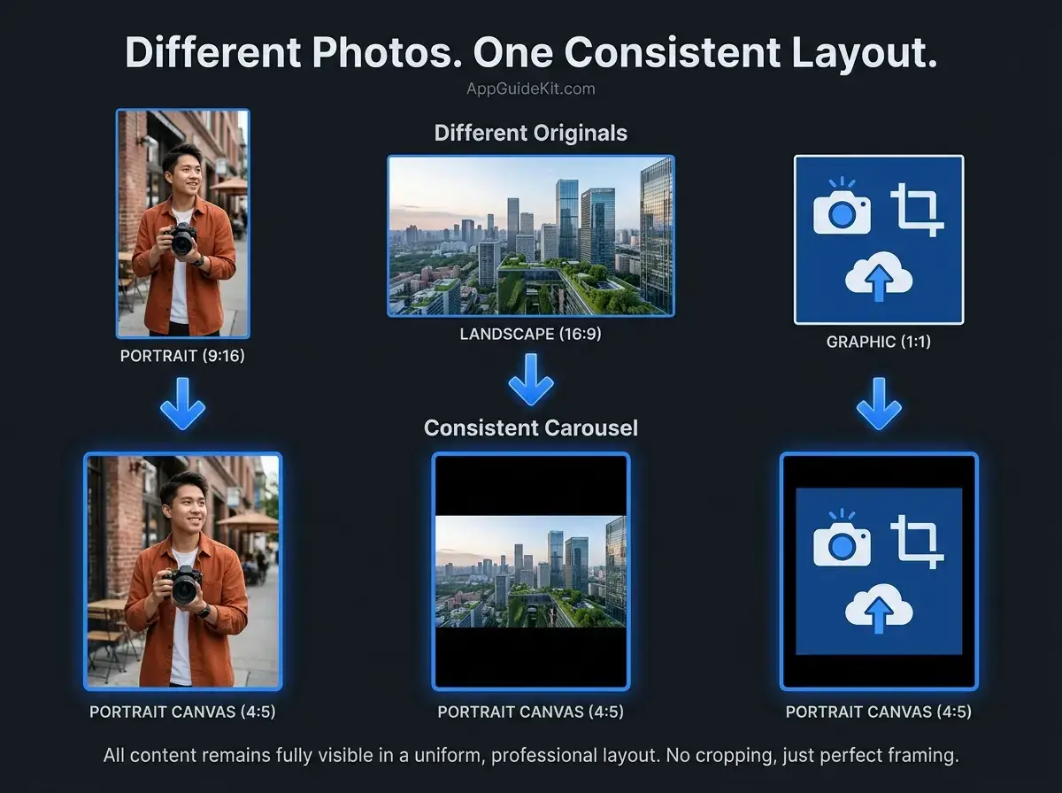 Portrait, landscape, and square images fitted into matching Instagram carousel canvases without cropping.