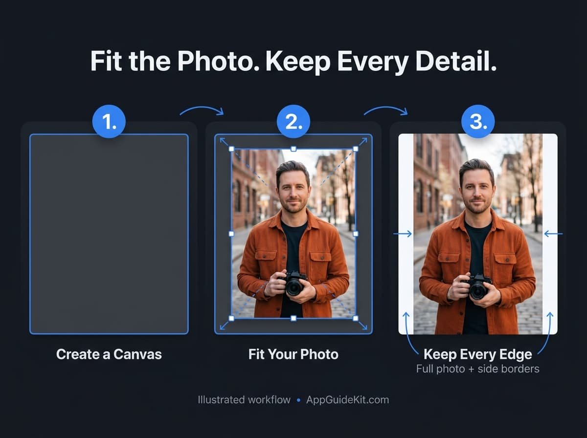Illustrated steps for fitting a whole portrait photo inside a canvas with white side borders.