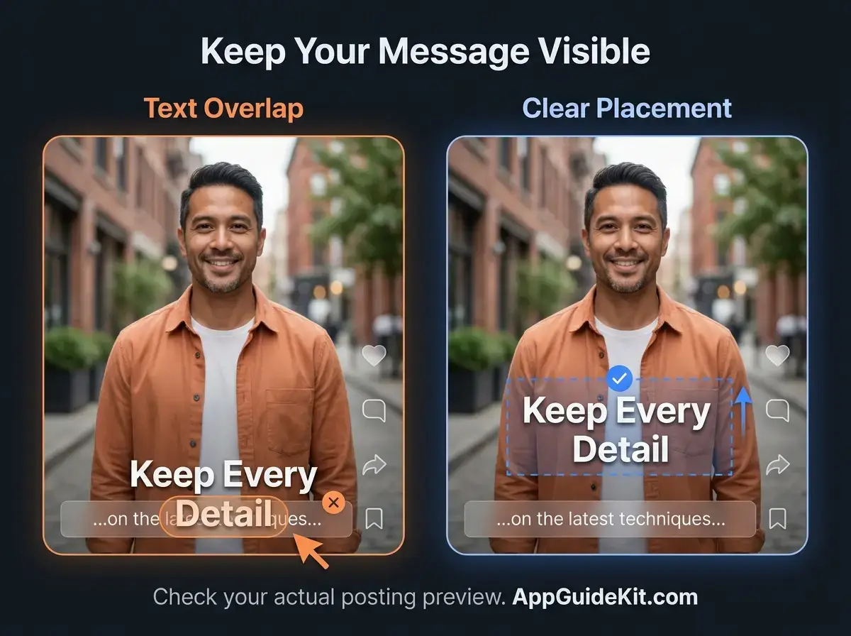 Illustration showing Reel text overlapping a caption bar, then repositioned into a clear area.
