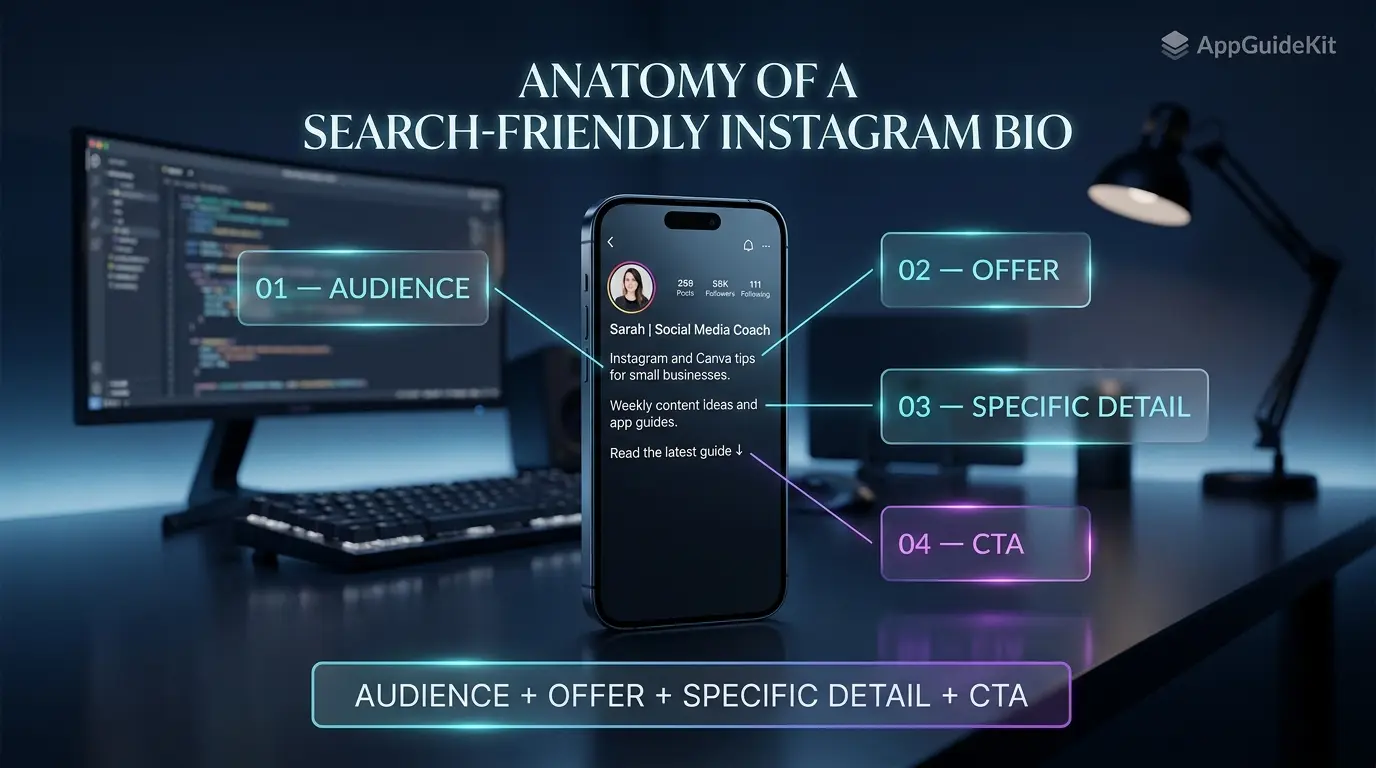 Instagram SEO bio optimization showing audience, offer, details and call to action