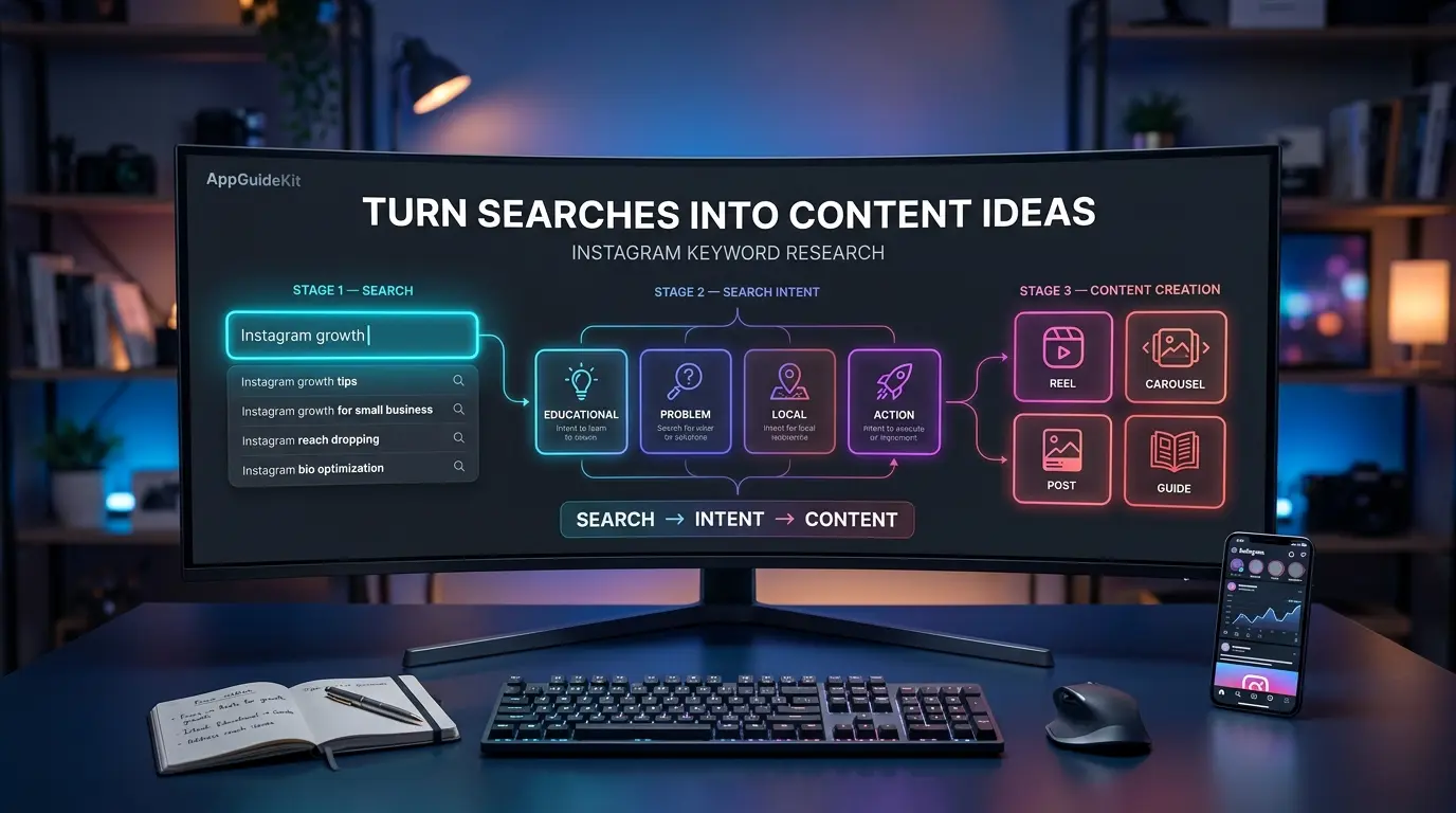 Instagram SEO keyword research workflow turning search suggestions into content ideas