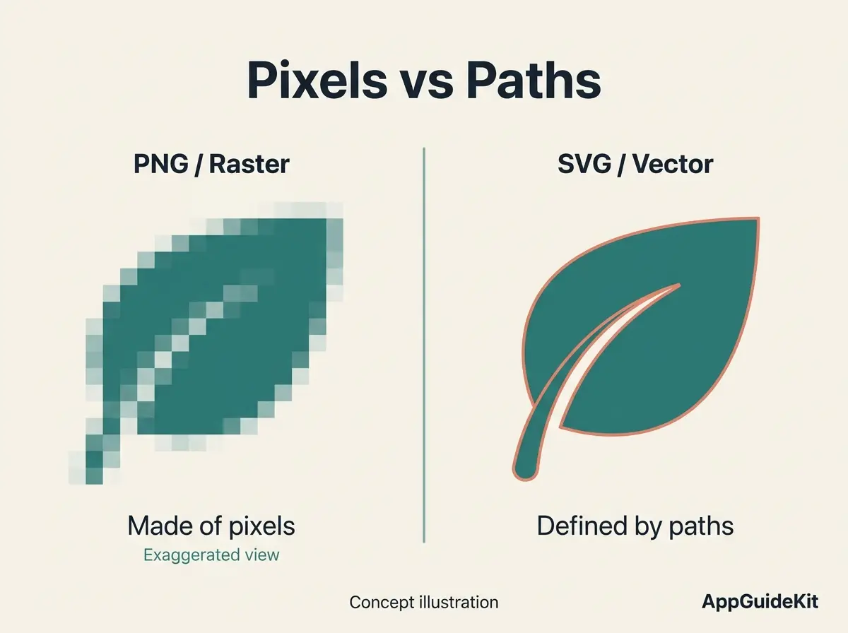 Conceptual comparison of a leaf made from raster pixels and a leaf defined by vector paths.